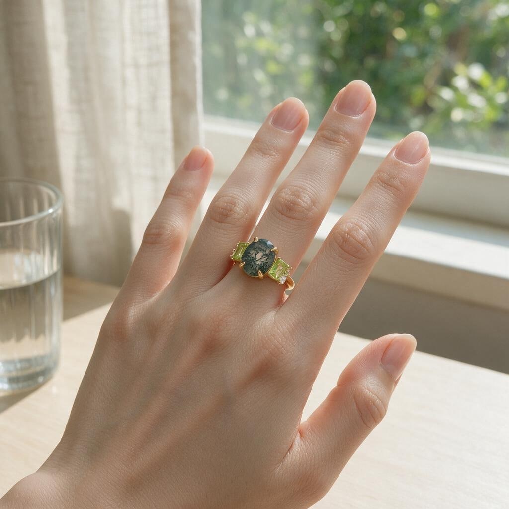 925 Sterling Silver 2.80 Ct Natural Moss Agate & Peridot & Cubic Zirconia Ring - 4