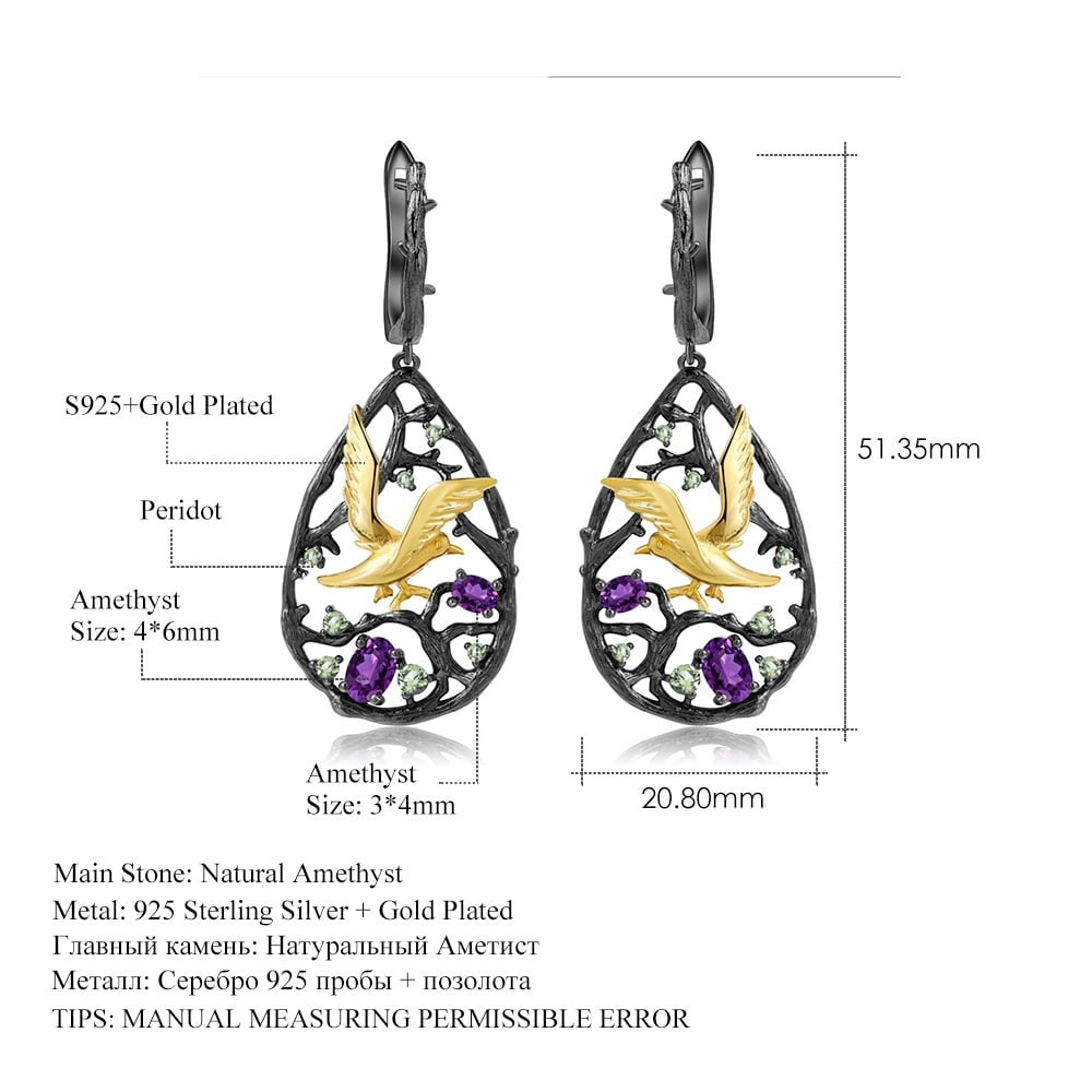 925 Sterling Silver Natural Amethyst & Peridot Earrings - 2