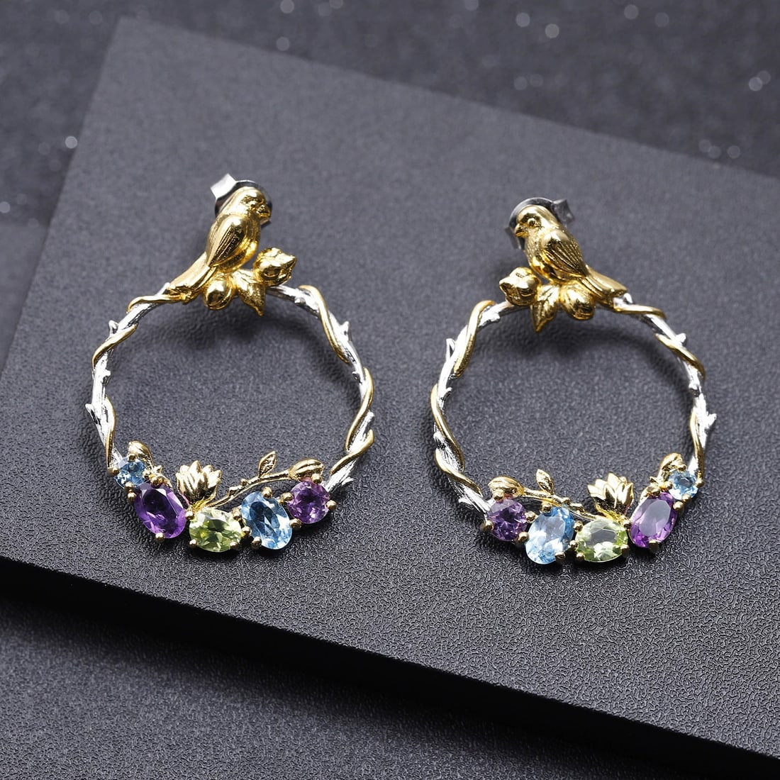 925 Sterling Silver Natural Amethyst & Peridot & Topaz & Bird Earrings - 3
