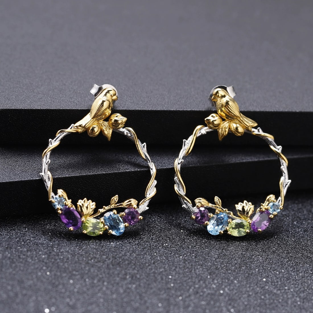 925 Sterling Silver Natural Amethyst & Peridot & Topaz & Bird Earrings - 4