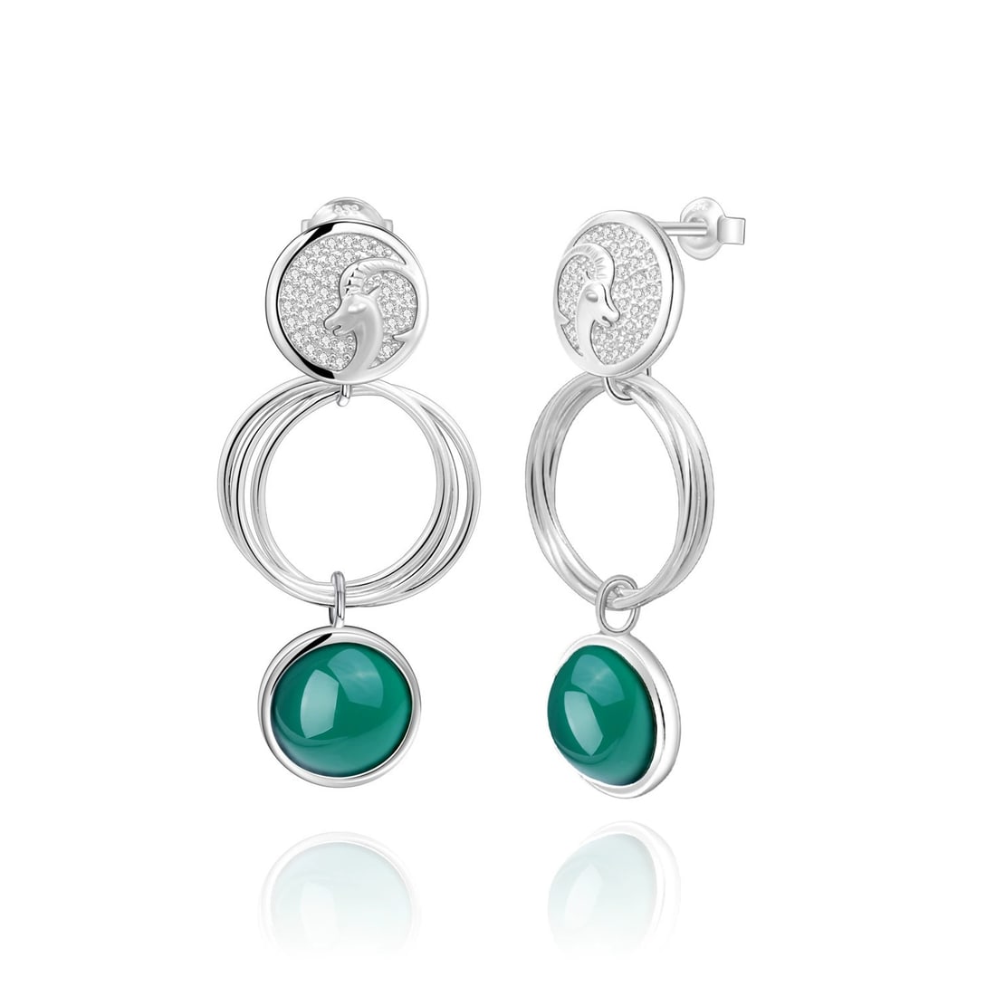 925 Sterling Silver Natural Agate & Cubic Zirconia Earrings: Ref:260821103 // gold content:925 sterling silver // main gemstone:agate // shape:round // carat weight: // color:green // treatment:natural // cut grade:g // // adjacent gemstone 2 : cubic zirconia