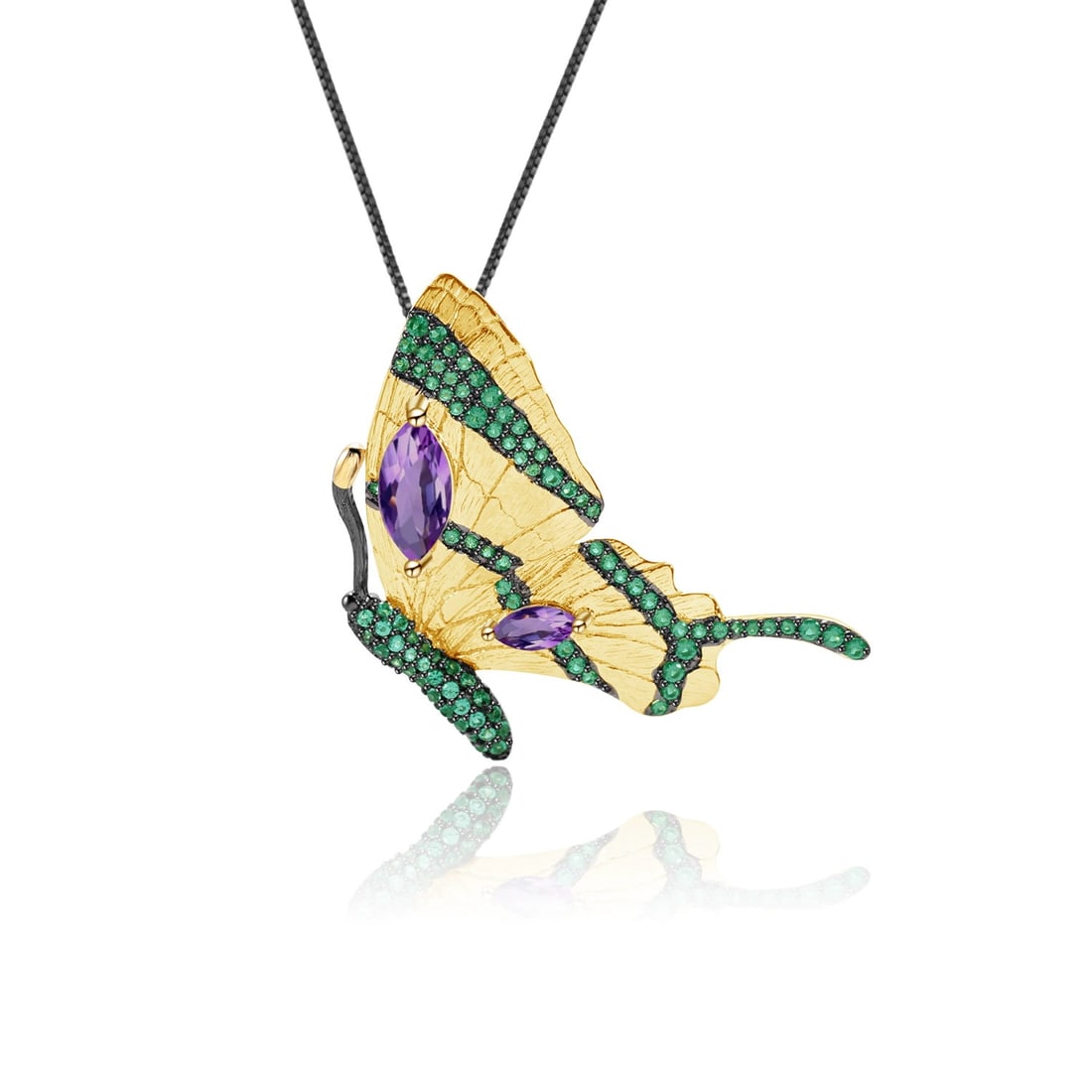 925 Sterling Silver Natural Amethyst & Nano Emerald & Butterfly Necklace: Ref:260821138 // gold content:925 sterling silver // main gemstone:amethyst // shape:marquise // carat weight: // color:purple // treatment:natural // // adjacent gemstone 2 : nano emerald //