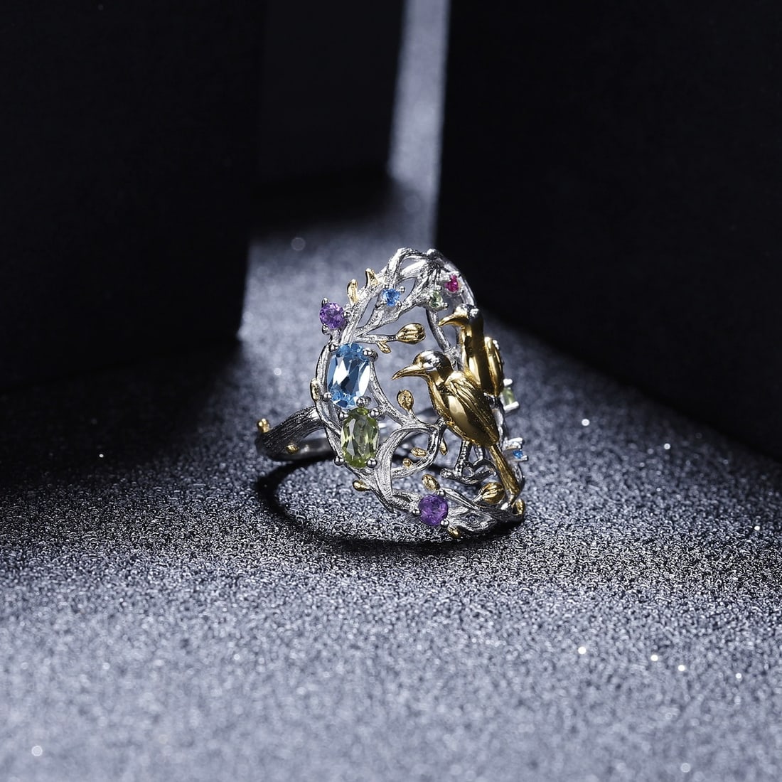 925 Sterling Silver Natural Topaz & Peridot & Amethyst Ring - 3