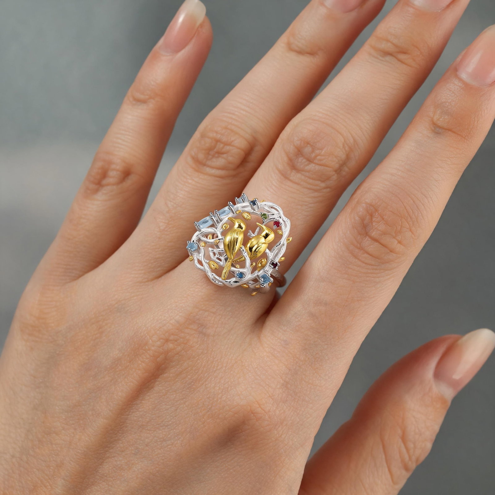 925 Sterling Silver Natural Topaz & Peridot & Amethyst Ring - 7