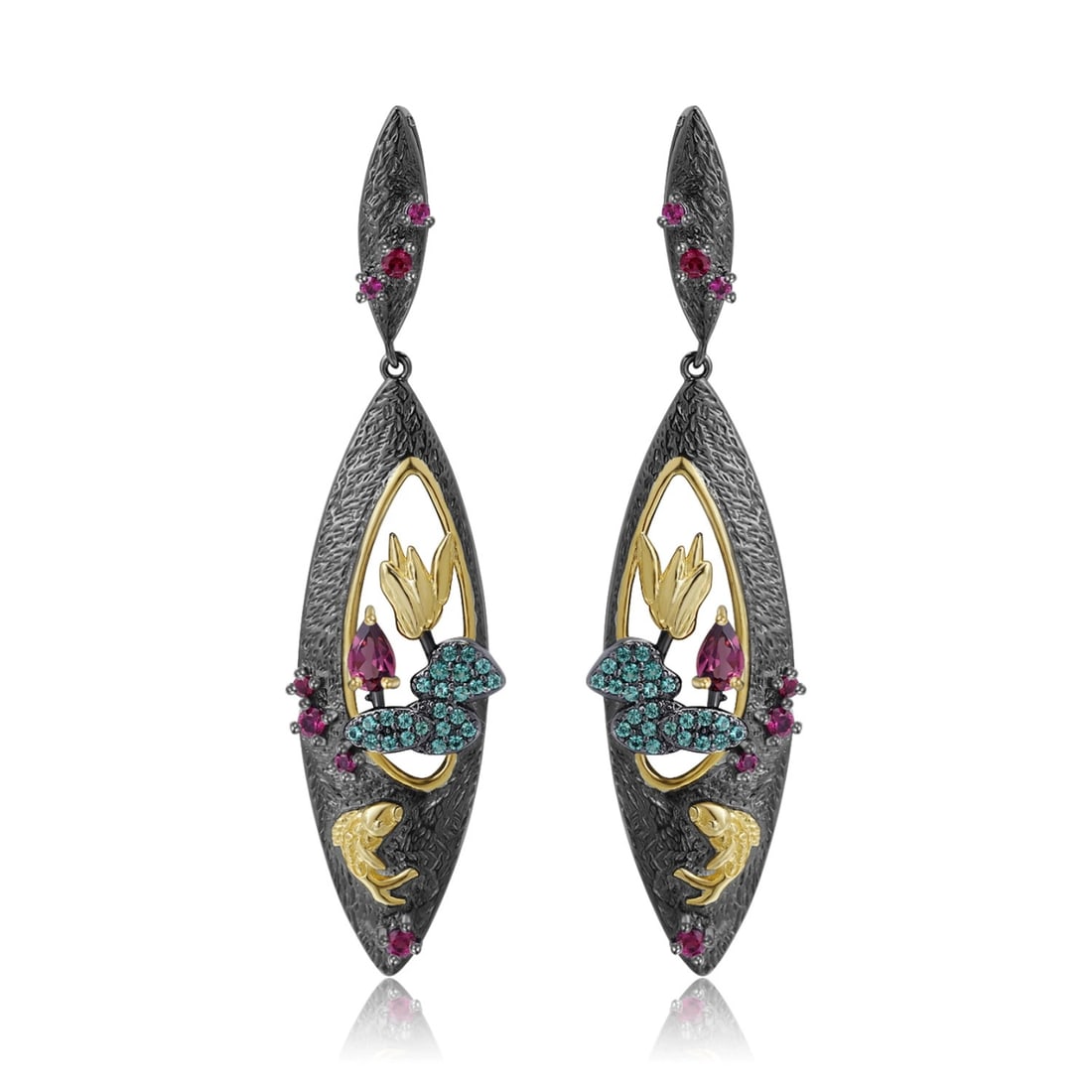 925 Sterling Silver Natural Rhodolite Garnet & Synthetic Ruby & Nano Emerald Earrings: Ref:260821148 // gold content:925 sterling silver // main gemstone:rhodolite garnet // shape:pear // carat weight: // color:red // treatment:natural // // adjacent gemstone 2 : synthetic ruby //