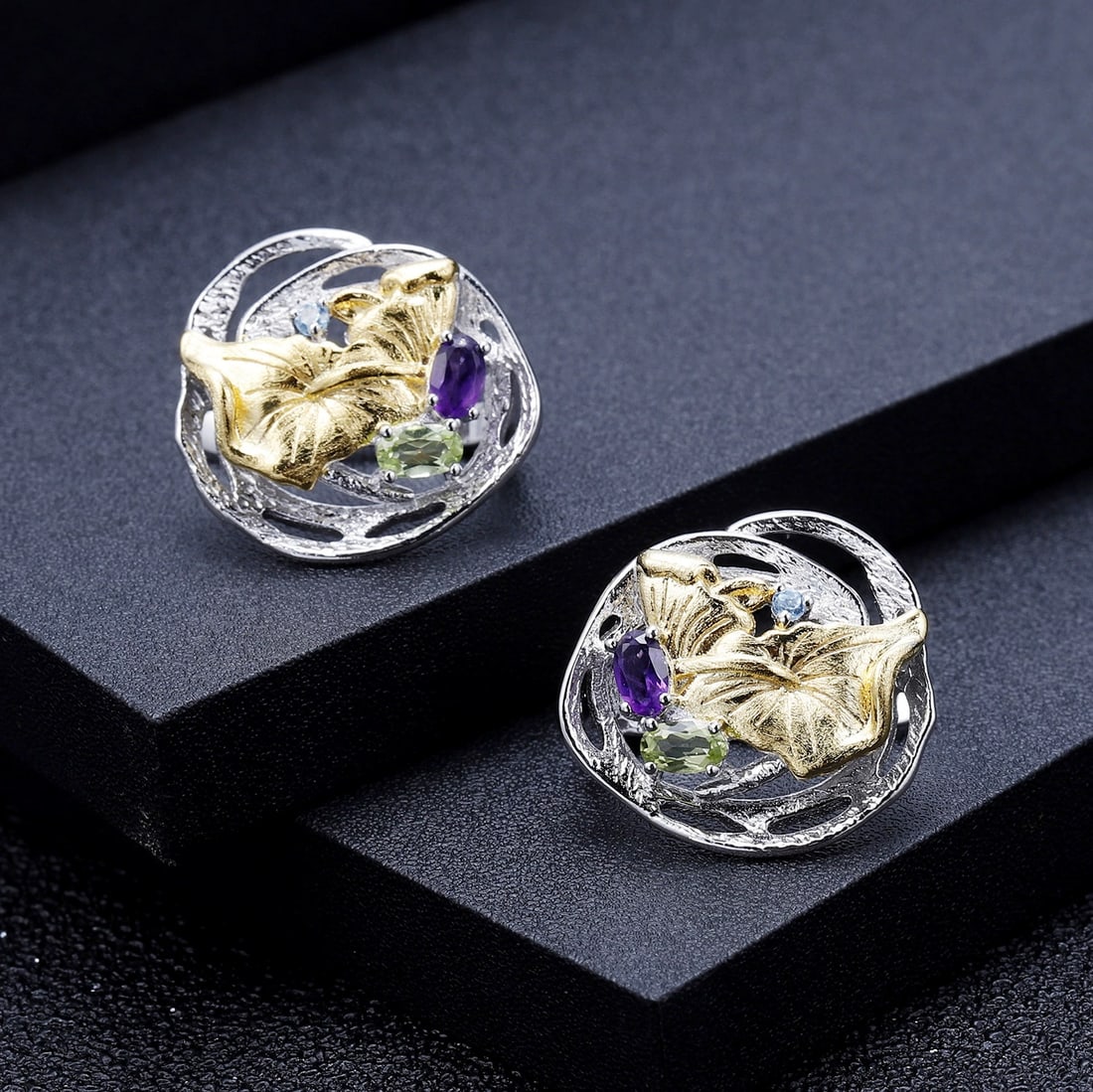 925 Sterling Silver Natural Amethyst & Peridot & Topaz Earrings - 2