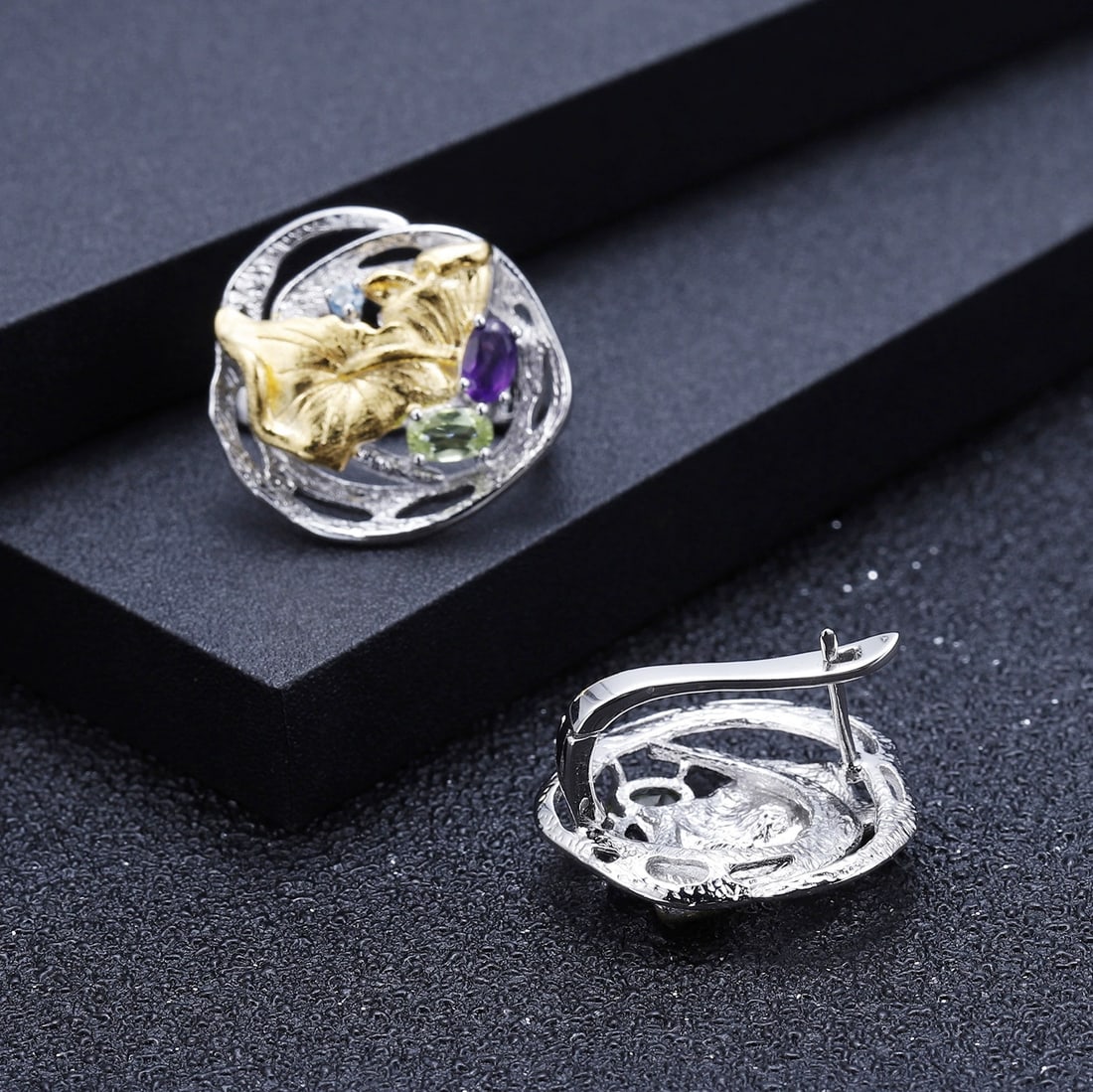 925 Sterling Silver Natural Amethyst & Peridot & Topaz Earrings - 4