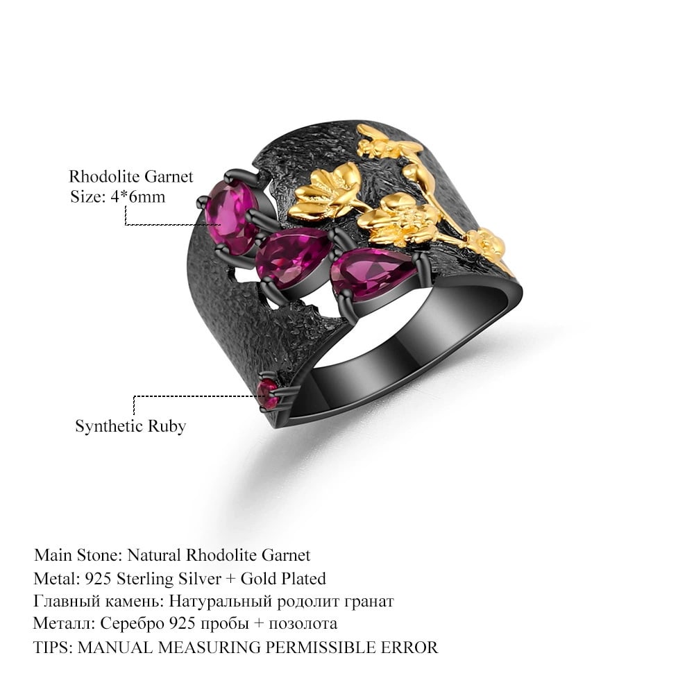 925 Sterling Silver Natural Rhodolite Garnet & Synthetic Ruby Ring - 2