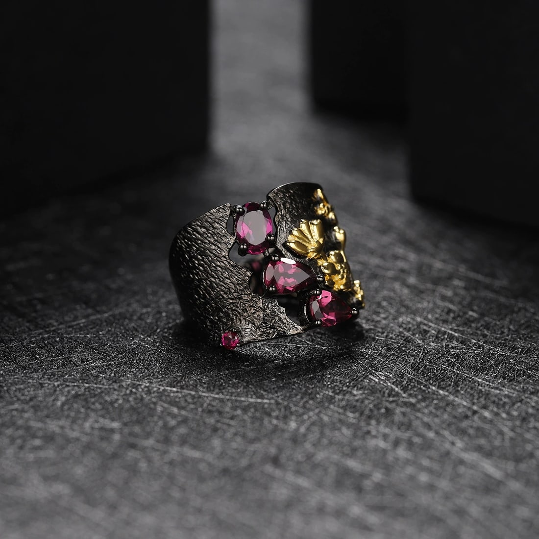 925 Sterling Silver Natural Rhodolite Garnet & Synthetic Ruby Ring - 5