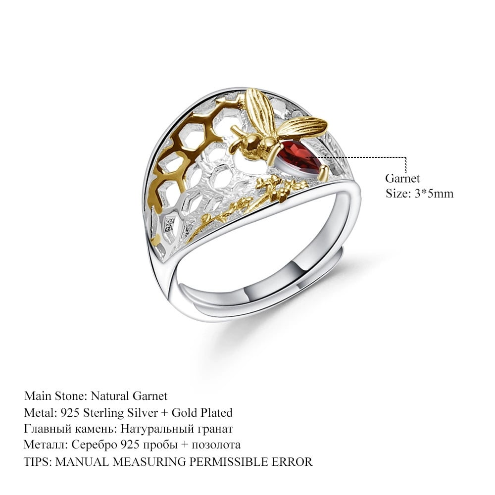 925 Sterling Silver Natural Garnet & Bees Ring - 3