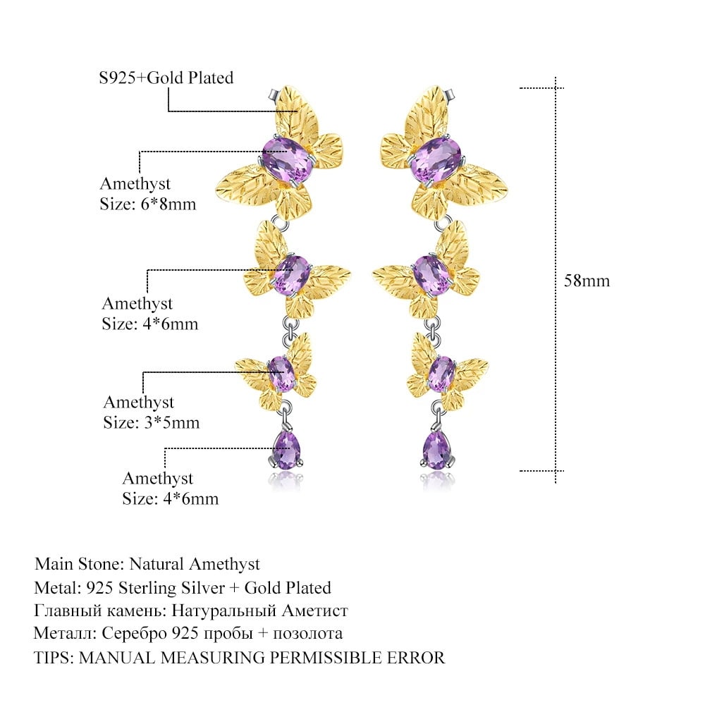 925 Sterling Silver Natural Amethyst & Butterfly Earrings - 2