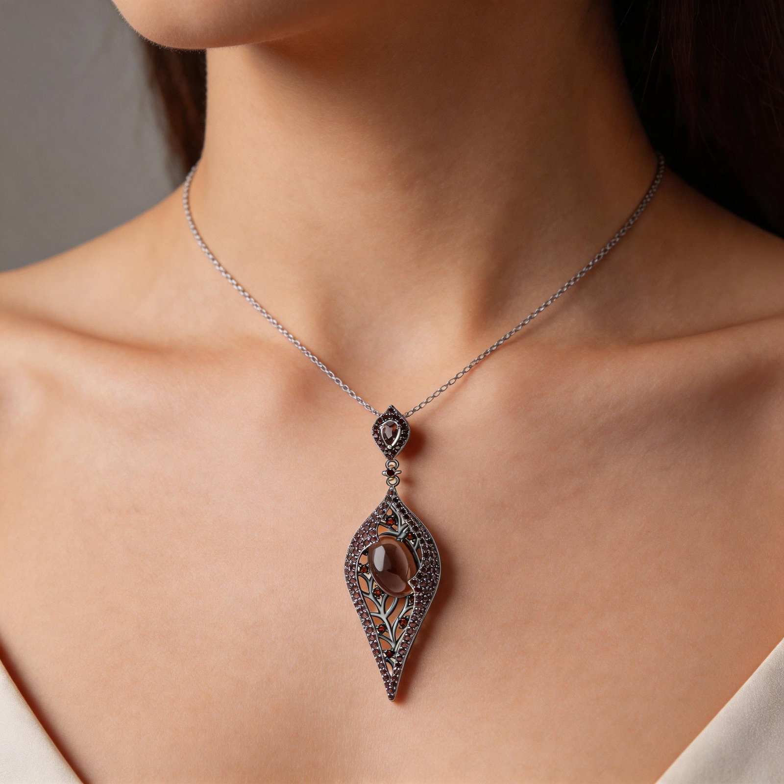 925 Sterling Silver Natural Smoky?Quartz & Smoky Cubic Zirconia Necklace - 5