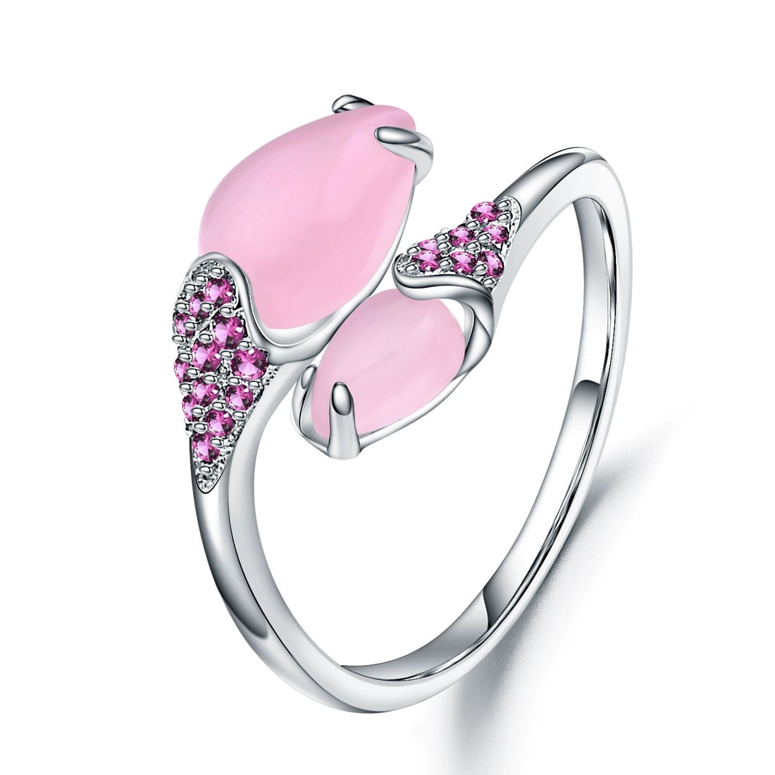 925 Sterling Silver Natural Pink Chalcedony & Synthetic Ruby Ring: Ref:260821206 // gold content:925 sterling silver // ring size:7. 25us // // main gemstone:pink chalcedony // shape:pear // carat weight: // color:pink // treatment:natural // // adjacent gemstone 2