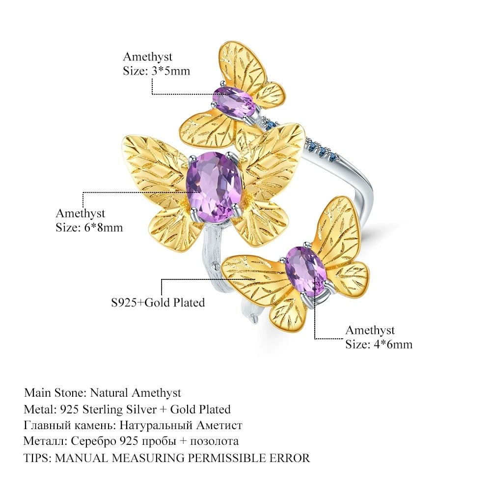 925 Sterling Silver Natural Amethyst & Butterfly Ring - 2