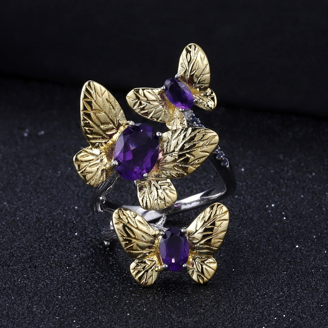 925 Sterling Silver Natural Amethyst & Butterfly Ring - 4