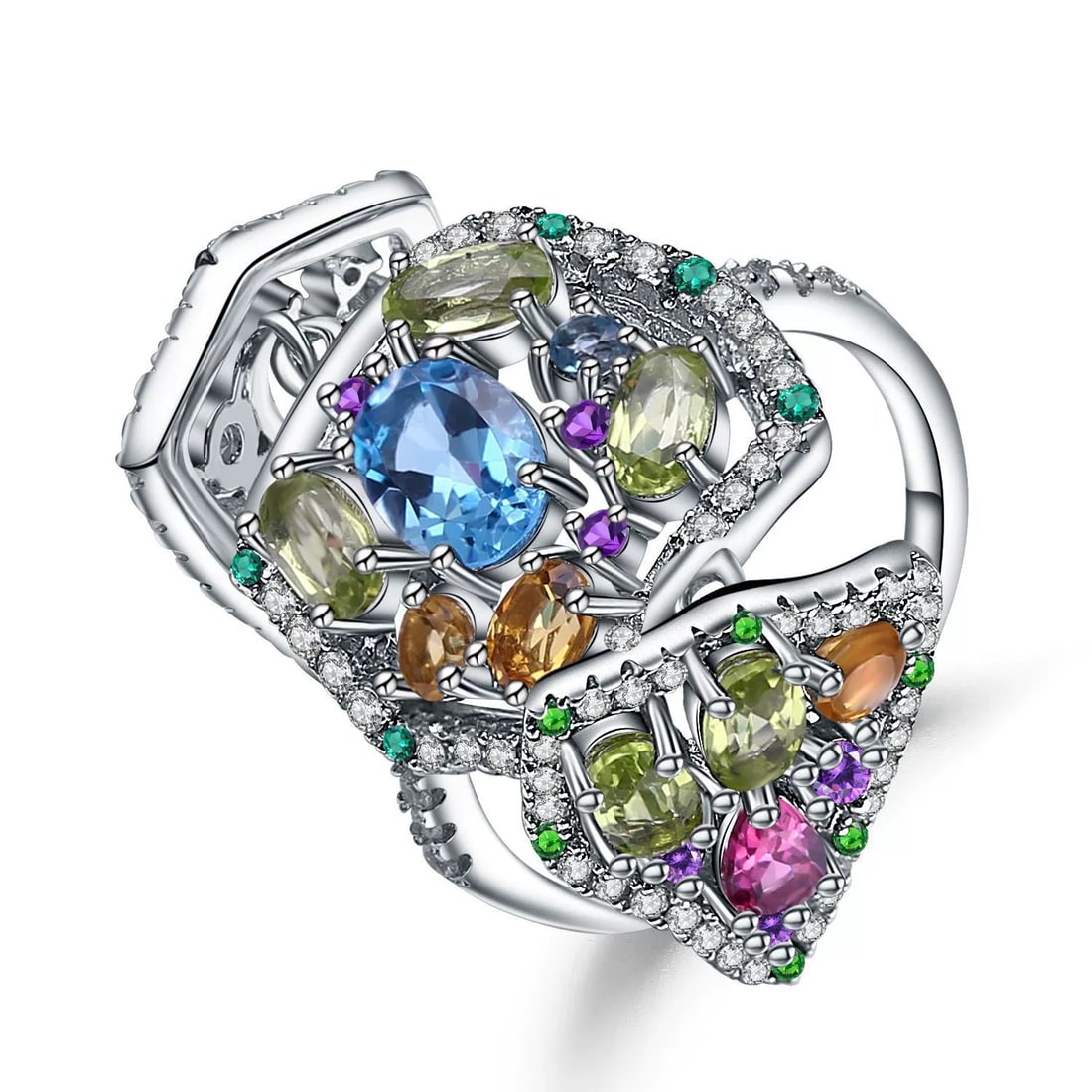 925 Sterling Silver Natural Topaz & Peridot & Rhodolite Garnet & Citrine & Amethyst Ring: Ref:260821261 // gold content:925 sterling silver // ring size:7. 25us // // main gemstone:topaz // shape:oval // carat weight: // color:blue // treatment:natural // // adjacent gemstone 2 : peridot