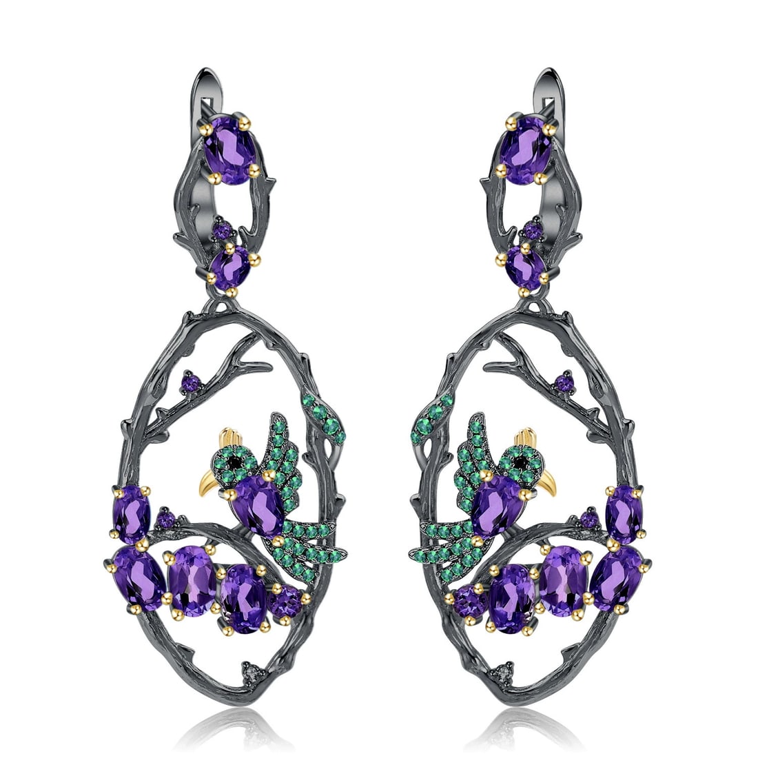 925 Sterling Silver Natural Amethyst & Nano Emerald Earrings: Ref:260821238 // gold content:925 sterling silver // main gemstone:amethyst // shape:multiple // carat weight: // color:purple // treatment:natural // // adjacent gemstone 2 : nano emerald //