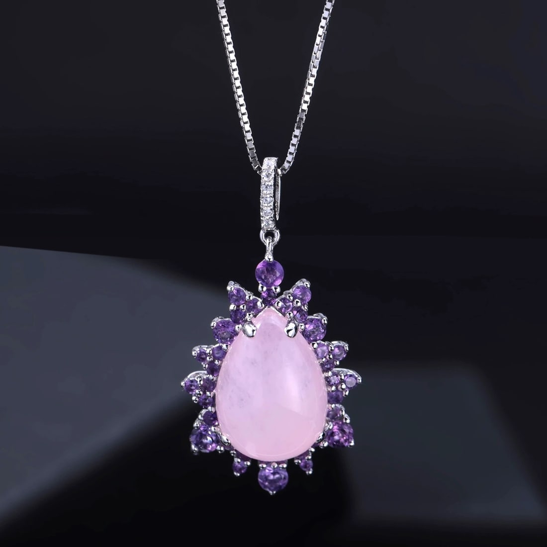 925 Sterling Silver Natural Pink Chalcedony & Amethyst Pendant( Without Chain ): Ref:260821242 // gold content:925 sterling silver // main gemstone:pink chalcedony // shape:pear // carat weight: // color:pink // treatment:natural // // adjacent gemstone 2 : amethyst //