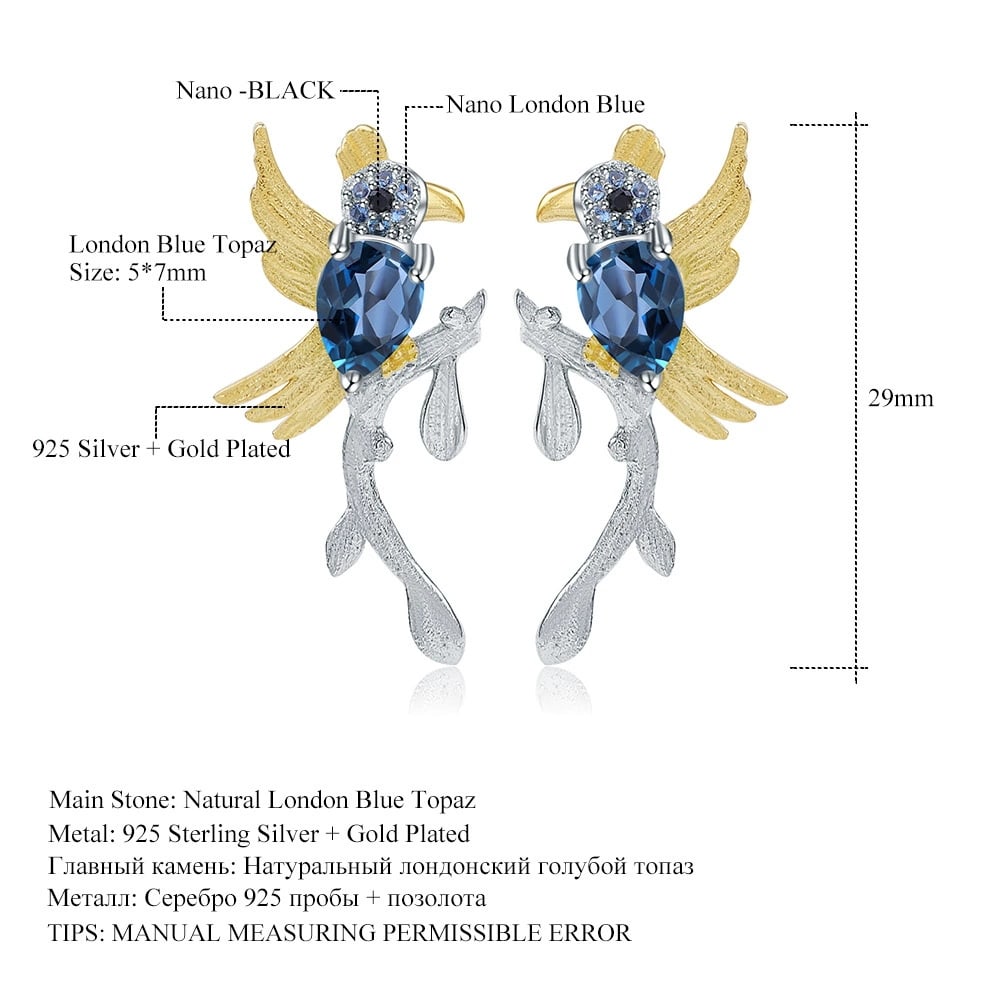 925 Sterling Silver Natural Topaz & Nano London Blue & Bird Earrings - 2