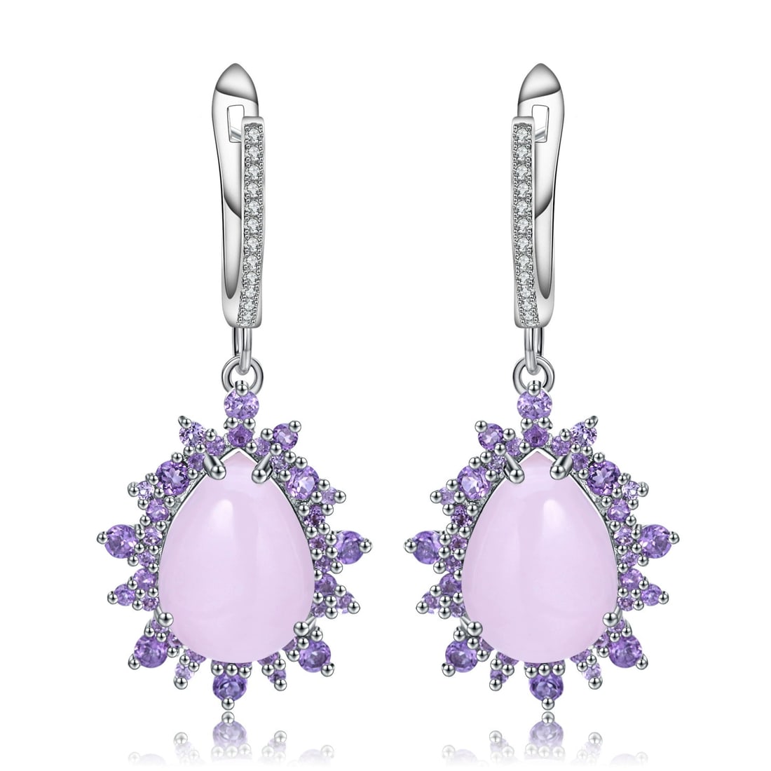 925 Sterling Silver Natural Pink Chalcedony & Amethyst Earrings: Ref:260821277 // gold content:925 sterling silver // main gemstone:pink chalcedony // shape:pear // carat weight: // color:pink // treatment:natural // // adjacent gemstone 2 : amethyst //