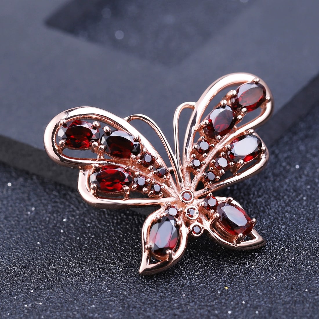 925 Sterling Silver Natural Garnet & Butterfly Brooch - 5