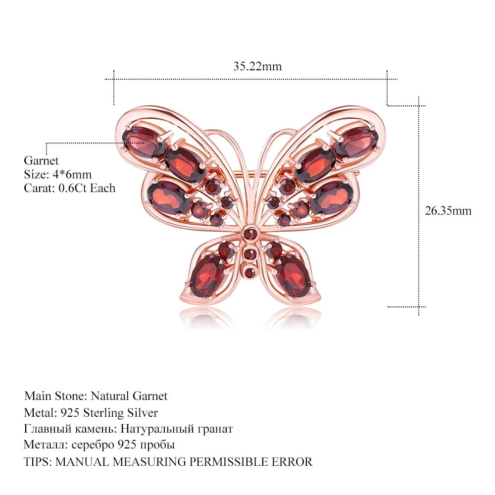 925 Sterling Silver Natural Garnet & Butterfly Brooch - 6