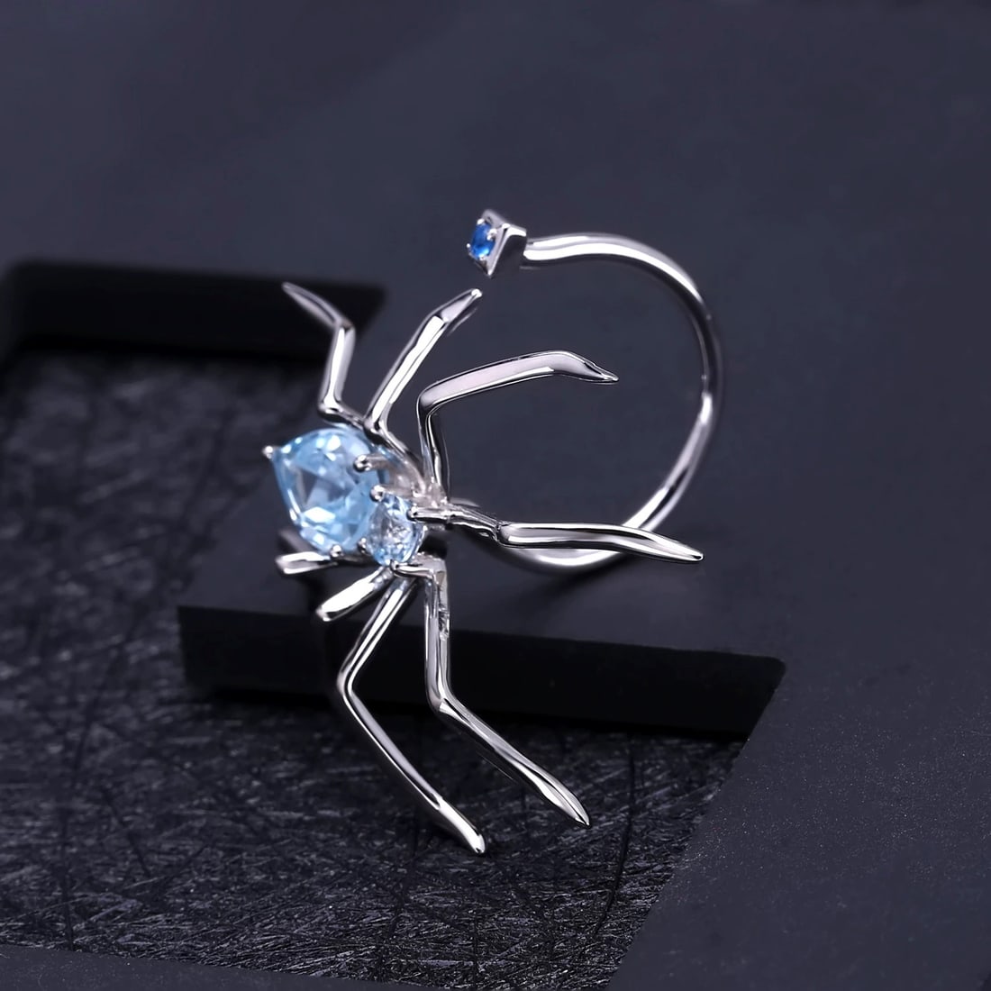 925 Sterling Silver 2.74 Ct Natural Topaz & Nano Swiss Blue & Spider Ring - 3