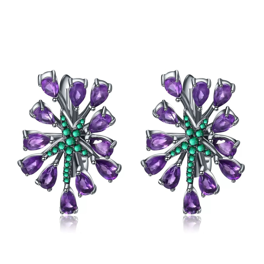 925 Sterling Silver Natural Amethyst & Nano Emerald Earrings: Ref:260821270 // gold content:925 sterling silver // main gemstone:amethyst // shape:pear // carat weight: // color:purple // treatment:natural // // adjacent gemstone 2 : nano emerald // shape:round