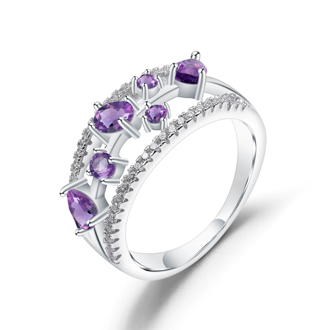 925 Sterling Silver Natural Amethyst & Cubic Zirconia Ring: Ref:260821303 // gold content:925 sterling silver // ring size:7. 25us // // main gemstone:amethyst // shape:multiple // carat weight: // color:purple // treatment:natural // // adjacent gemstone 2 :