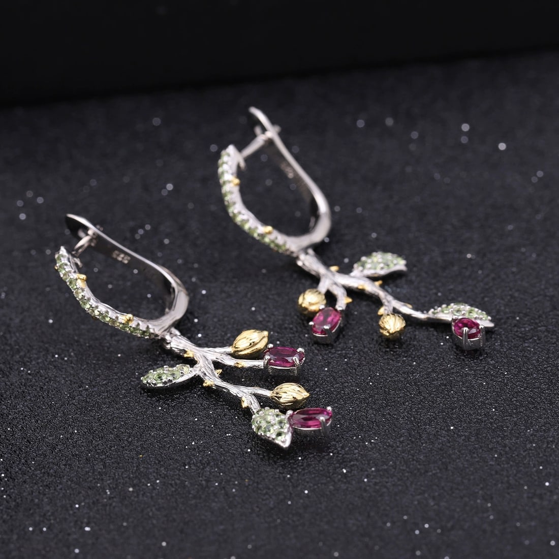 925 Sterling Silver 1.24 Ct Natural Rhodolite Garnet & Nano Peridot Earrings - 2