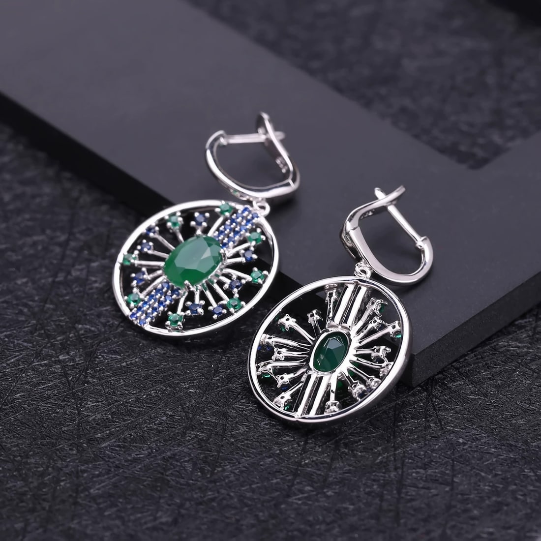925 Sterling Silver 2.58 Ct Natural Agate & Nano Swiss Blue & Nano Emerald Earrings - 5
