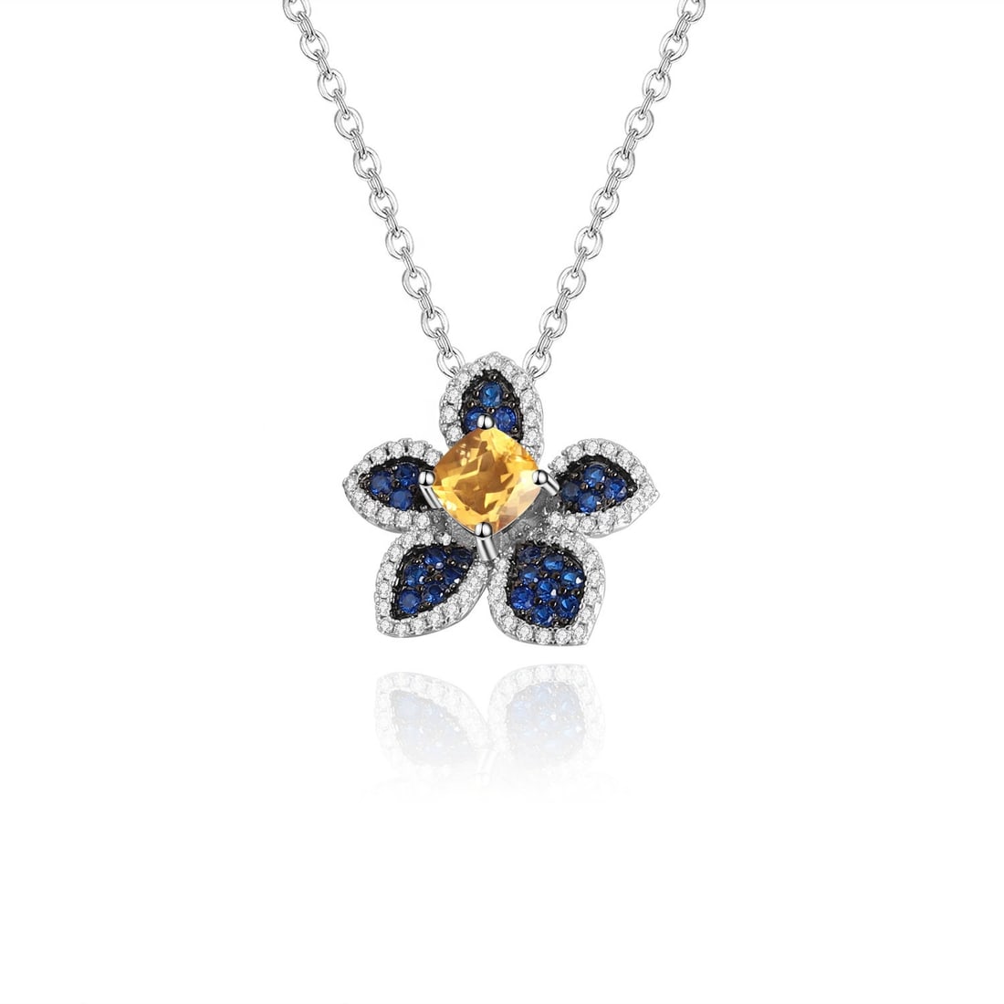 925 Sterling Silver Natural Citrine & Nano Sapphire & Zircon & Flowers Necklace: Ref:260821289 // gold content:925 sterling silver // main gemstone:citrine // shape:cushion // carat weight: // color:yellow // treatment:natural // // adjacent gemstone 2 : nano sapphire //