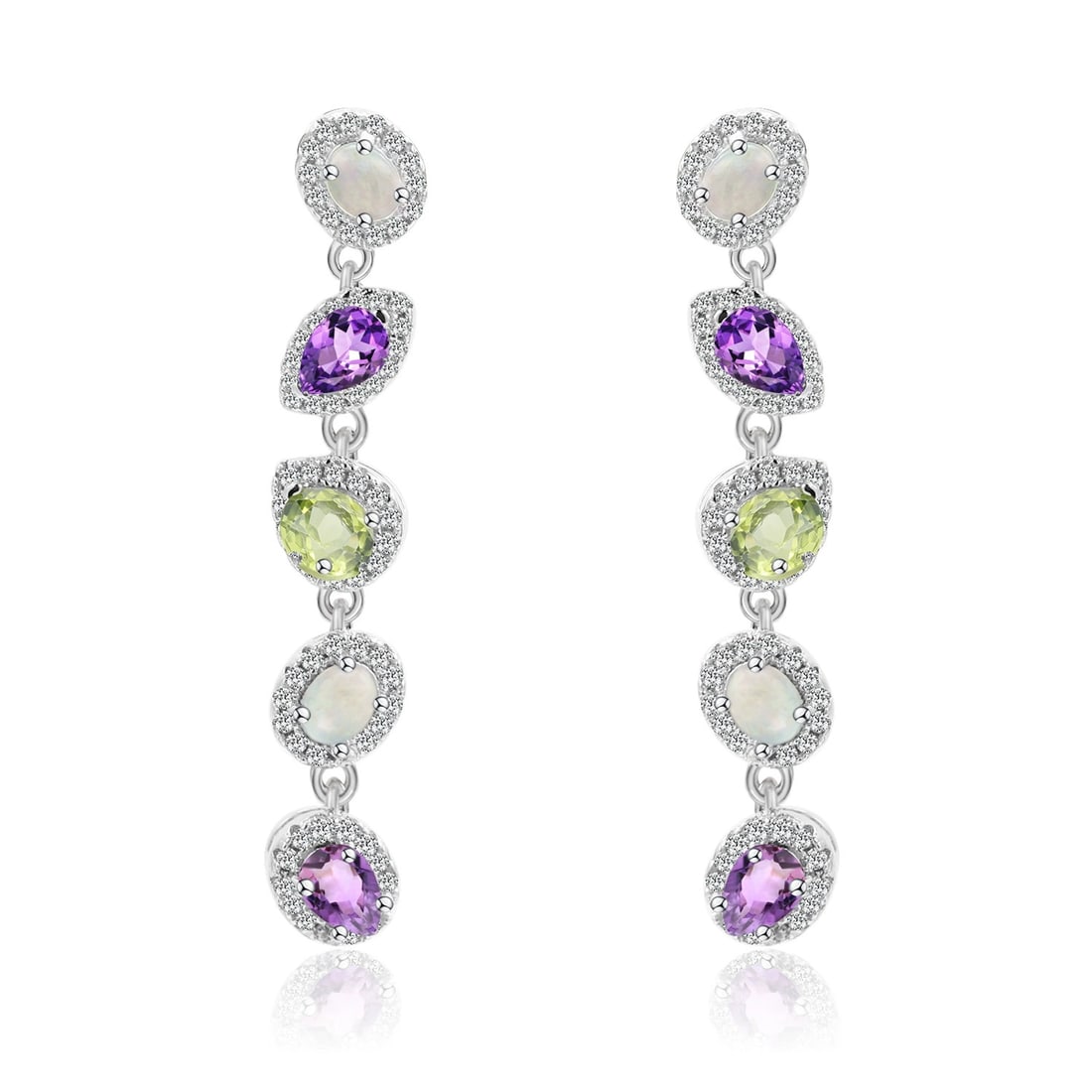 925 Sterling Silver Natural Amethyst & Opal & Peridot & Cubic Zirconia Earrings: Ref:260821312 // gold content:925 sterling silver // main gemstone:amethyst // shape:multiple // carat weight: // color:purple // treatment:natural // // adjacent gemstone 2 : opal // shape:oval //