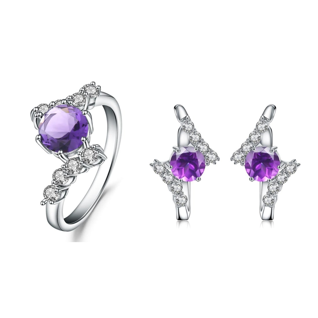 925 Sterling Silver Natural Amethyst Jewelry Set: Ref:260821417 // gold content:925 sterling silver // ring size:7. 25us // // main gemstone:amethyst // shape:multiple // carat weight: // color:purple // treatment:natural // Condition: New Low