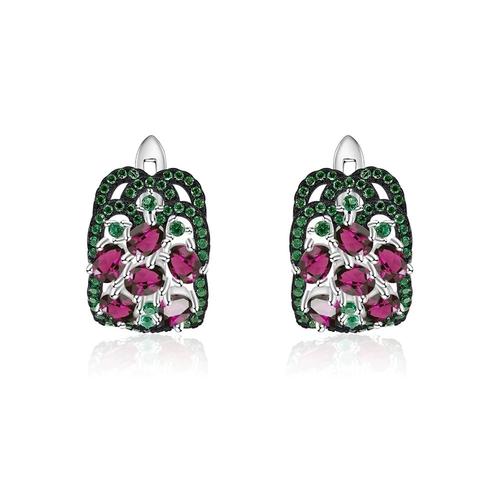 925 Sterling Silver Natural Rhodolite Garnet & Nano Emerald Earrings: Ref:260821297 // gold content:925 sterling silver // main gemstone:rhodolite garnet // shape:oval // carat weight: // color:red // treatment:natural // // adjacent gemstone 2 : nano emerald //
