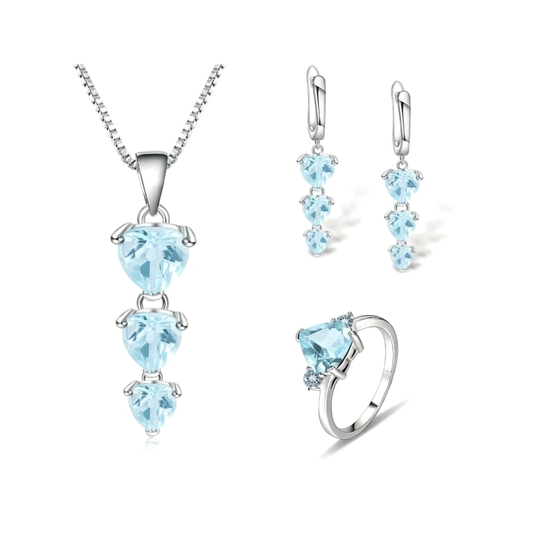 925 Sterling Silver Natural Topaz & Topaz Jewelry Set: Ref:260821402 // gold content:925 sterling silver // ring size:7. 25us // // main gemstone:topaz // shape:heart // carat weight: // color:blue // treatment:natural // // adjacent gemstone 2 : topaz //