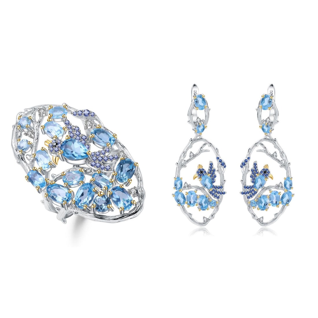 925 Sterling Silver Natural Topaz & Cubic Zirconia Jewelry Set: Ref:260821399 // gold content:925 sterling silver // main gemstone:topaz // shape:oval // carat weight: // color:blue // treatment:natural // // adjacent gemstone 2 : cubic zirconia // shape:round // 