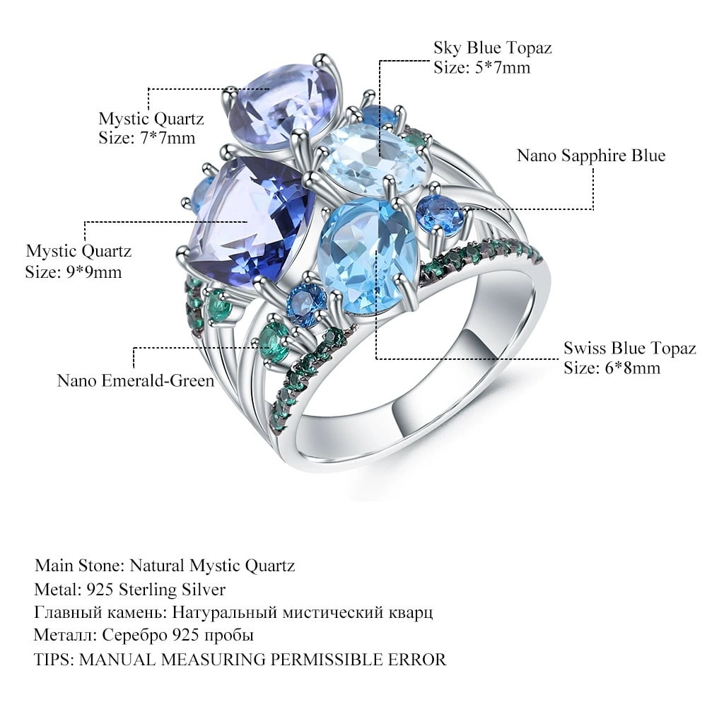 925 Sterling Silver Natural Mystic Quartz & Topaz & Nano Sapphire & Nano Emerald Ring - 2