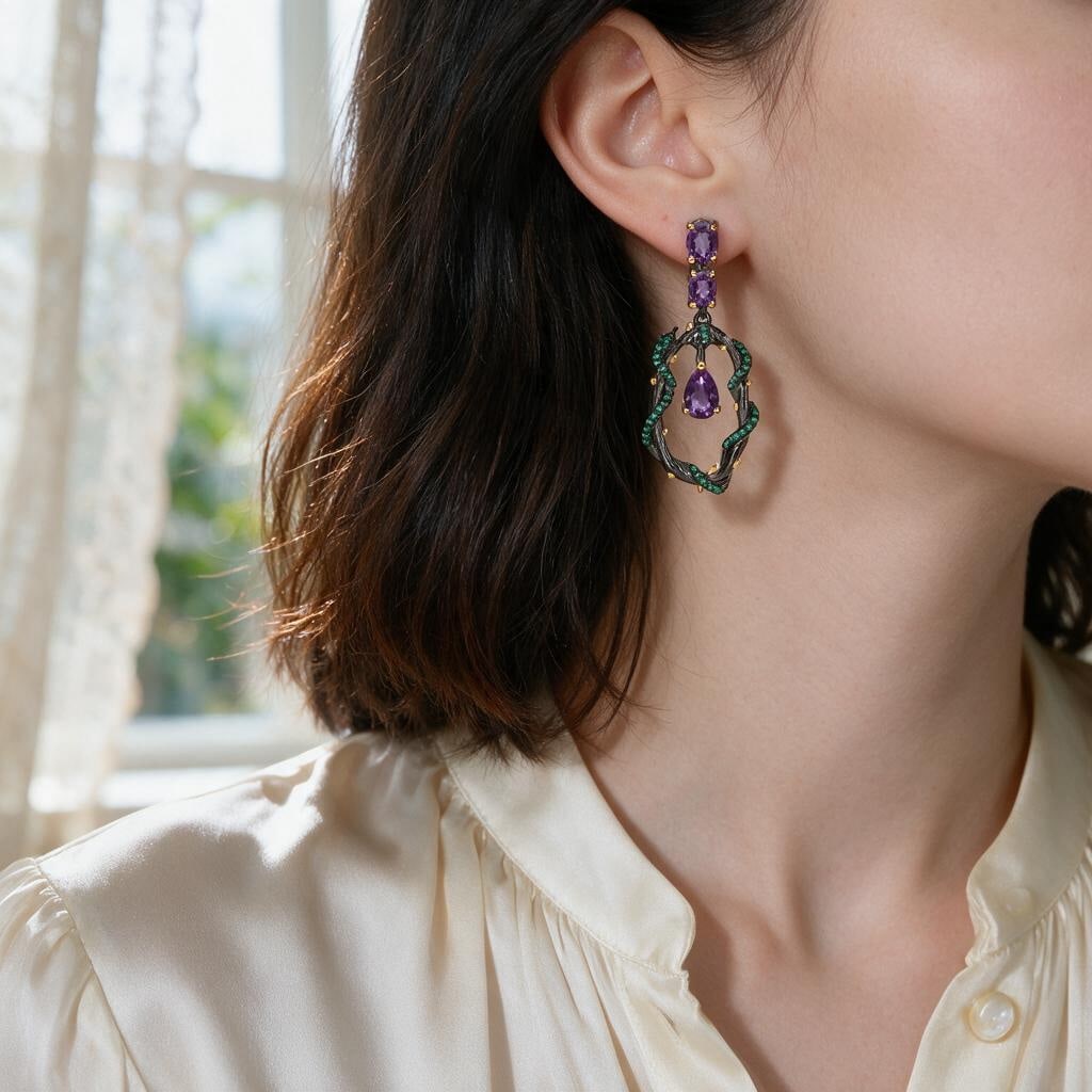 925 Sterling Silver Natural Amethyst & Nano Emerald Earrings - 5