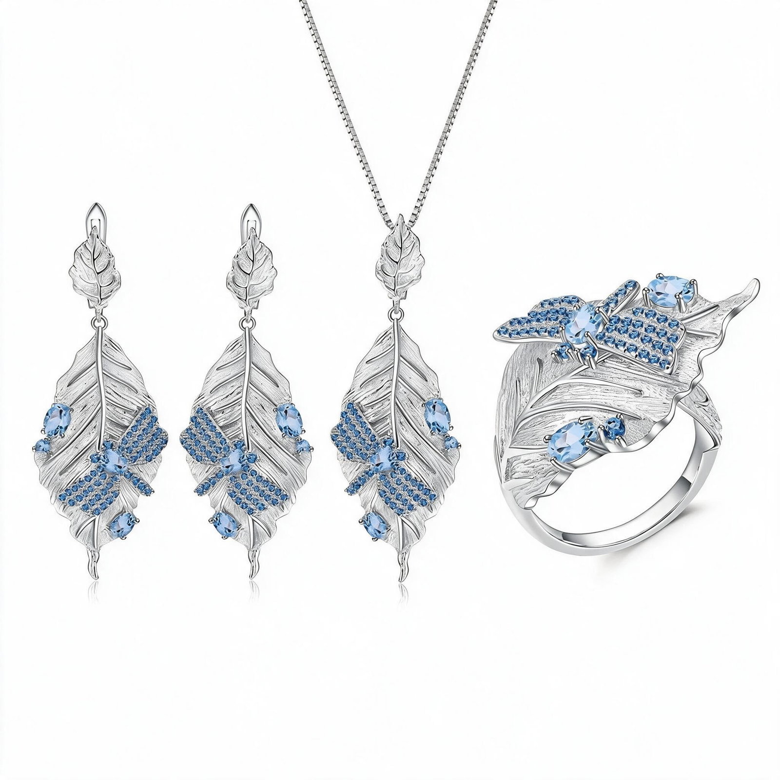 925 Sterling Silver Natural Topaz & Topaz Jewelry Set: Ref:260821027 // gold content:925 sterling silver // ring size:7. 25us // // main gemstone:topaz // shape:oval // carat weight: // color:blue // treatment:natural // // adjacent gemstone 2 : topaz //