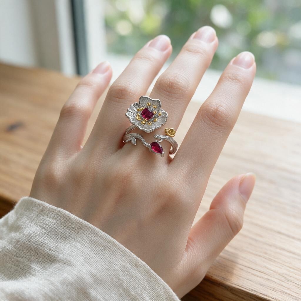 925 Sterling Silver Natural Garnet & Flowers Ring - 4