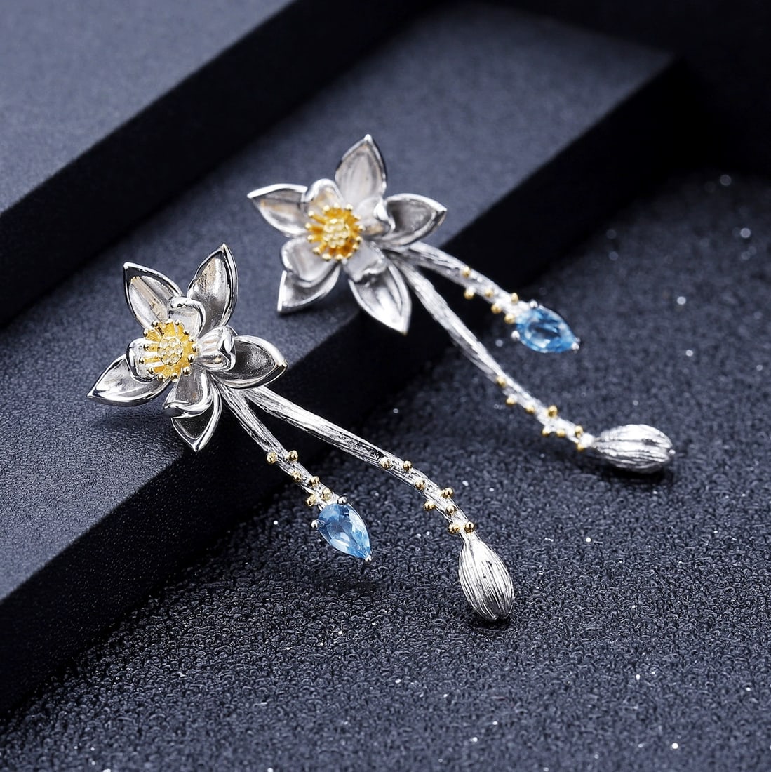 925 Sterling Silver Natural Topaz & Flowers Earrings - 2