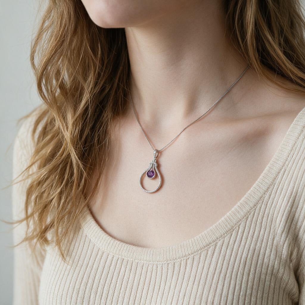 925 Sterling Silver Natural Amethyst & Cubic Zirconia Necklace - 3