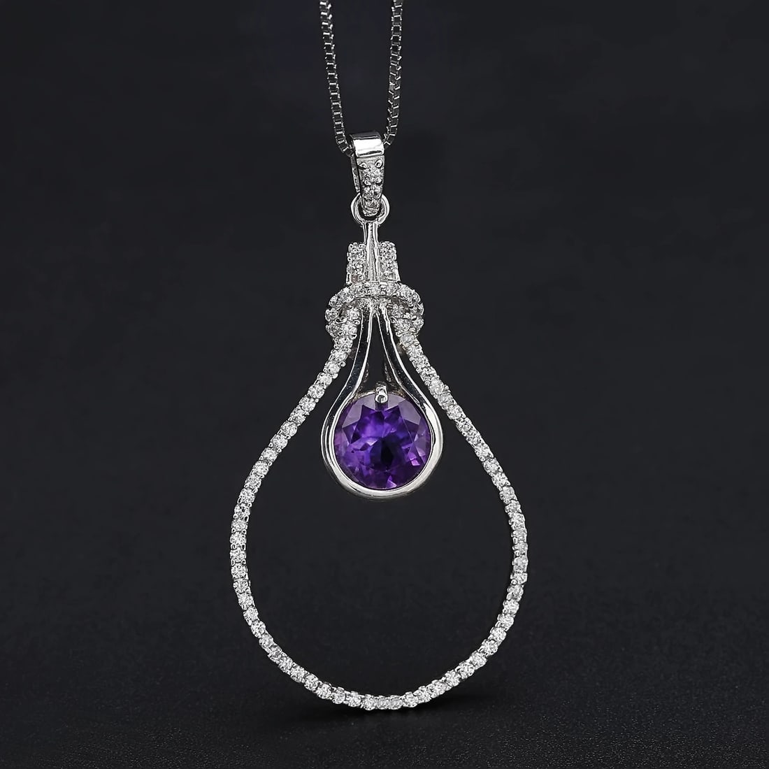 925 Sterling Silver Natural Amethyst & Cubic Zirconia Necklace - 4