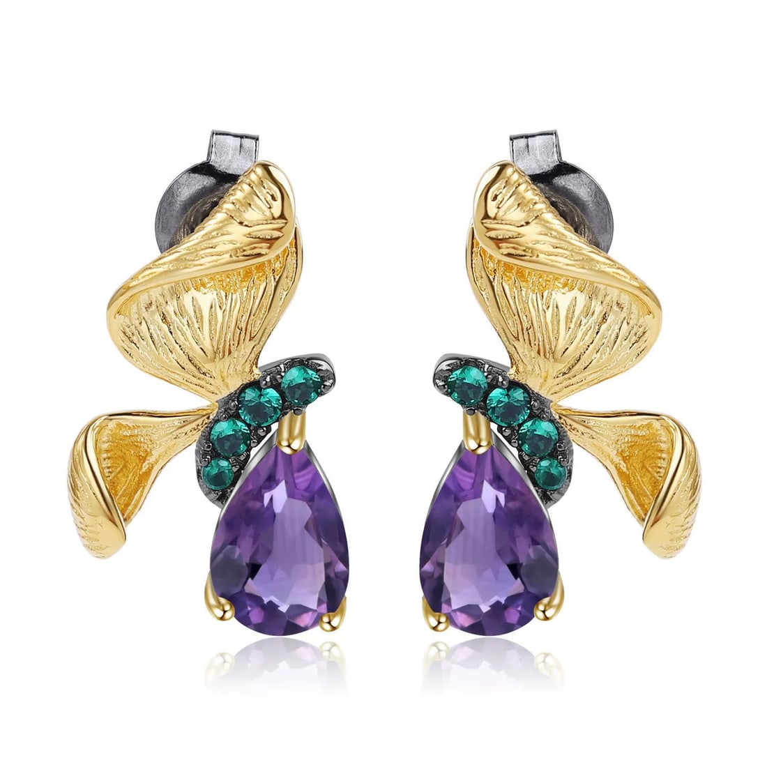 925 Sterling Silver 2.6 Ct Natural Amethyst & Nano Emerald & Butterfly Earrings: Ref:260821264 // gold content:925 sterling silver // main gemstone:amethyst // number of stones:2 // shape:pear // carat weight:2. 6ct // color:purple // treatment:natural // // adjacent gemstone 2 :