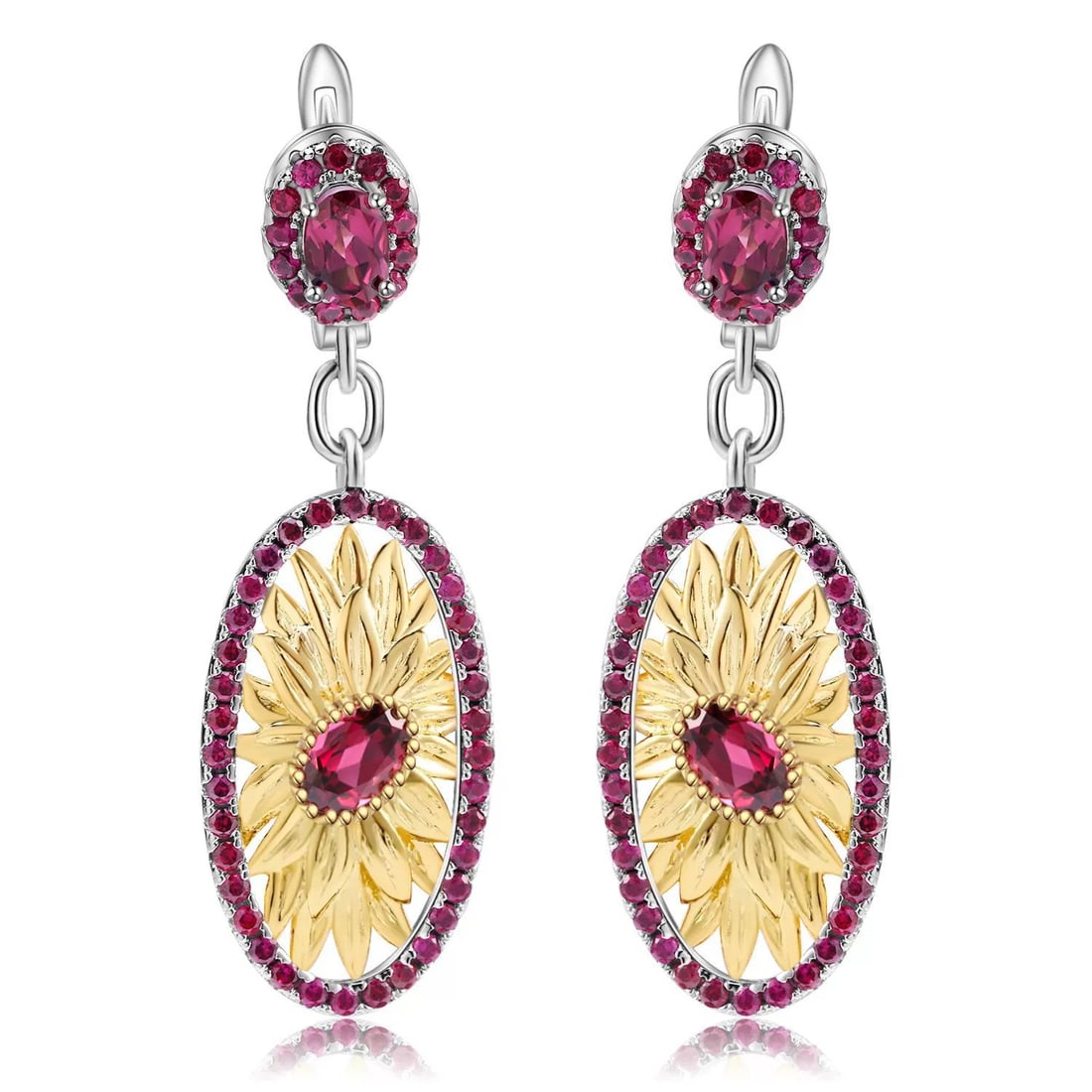 925 Sterling Silver Natural Rhodolite Garnet & Lab Created Ruby Earrings: Ref:260821246 // gold content:925 sterling silver // main gemstone:rhodolite garnet // shape:oval // carat weight: // color:red // treatment:natural // // adjacent gemstone 2 : lab created ruby //