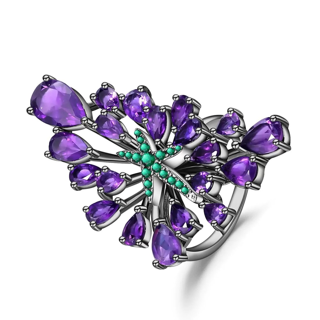 925 Sterling Silver Natural Amethyst & Nano Emerald Ring: Ref:260821269 // gold content:925 sterling silver // ring size:7. 25us // // main gemstone:amethyst // shape:pear // carat weight: // color:purple // treatment:natural // // adjacent gemstone 2 :
