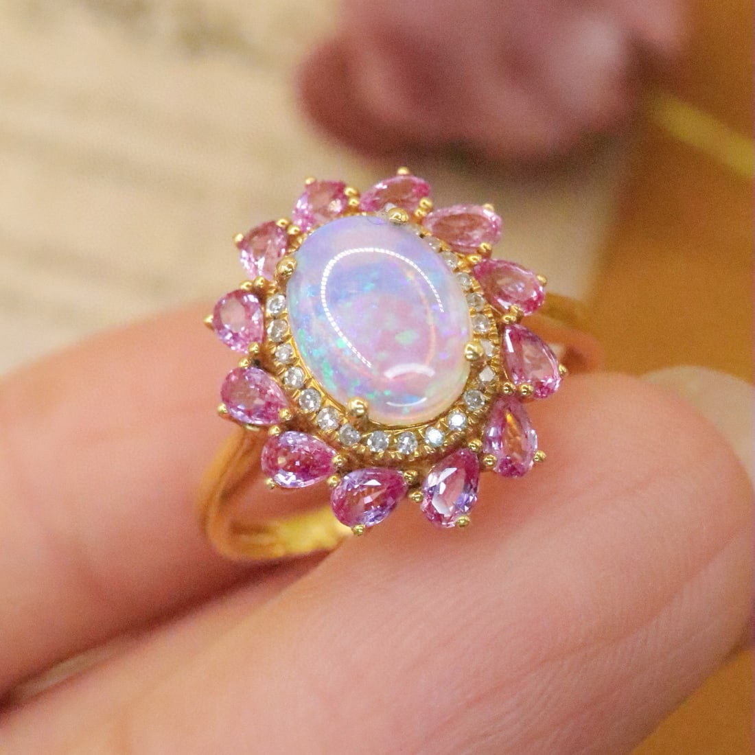 14k Gold 1.47 Ctw Natural Opal & Sapphire Ring - 4