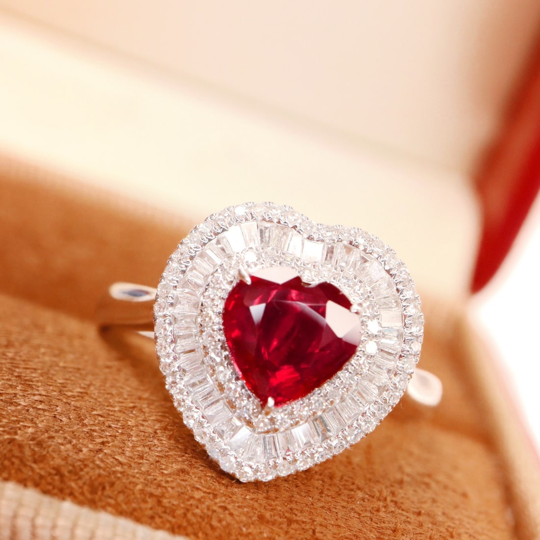 14k Gold 1.62 Ctw Natural Ruby & Diamond Ring: Ref:231108215 // gold content:14k gold // ring size:7. 25us // // main gemstone:ruby // shape:heart // carat weight:1. 19ct // color:pigeonblood red // treatment:natural // // adjacent gemstone 2 :