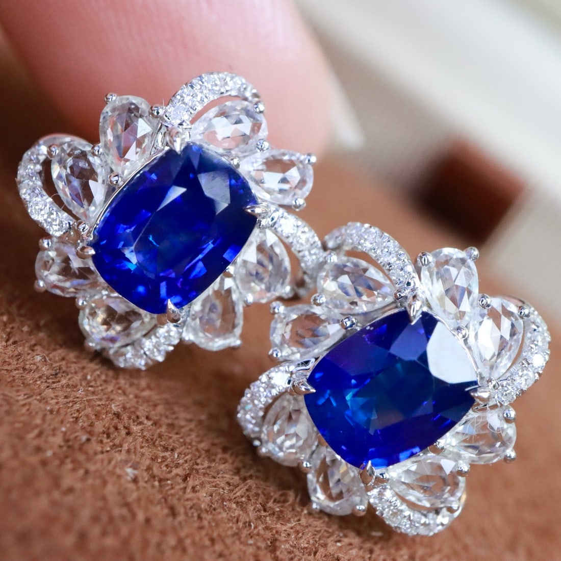 14k Gold 3.36 Ctw Natural Sapphire & Sapphire Earrings: Ref:231108205 // gold content:14k gold // main gemstone:sapphire // shape:cushion // carat weight:2. 25ct // color:royal blue // treatment:natural // // adjacent gemstone 2 : sapphire // shape:pear //